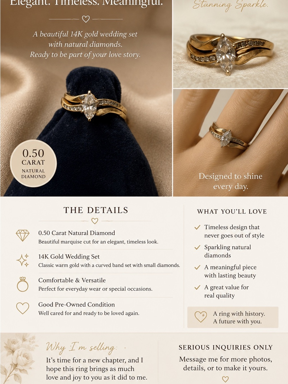 14K Gold Marquise Diamond Wedding Ring Set - Gold